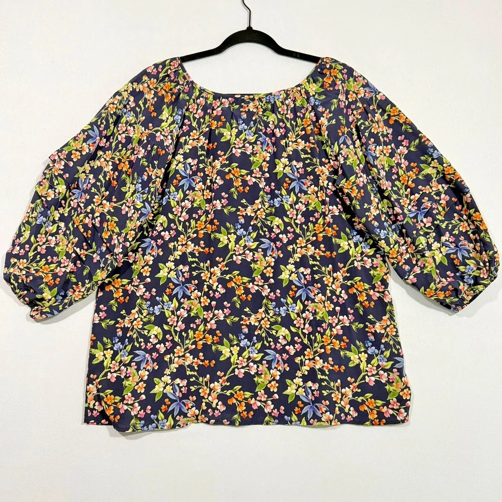 Jade Johnny Was Blouse S Womens Navy Silk Floral Tiered Sleeve Boho Whimsigoth